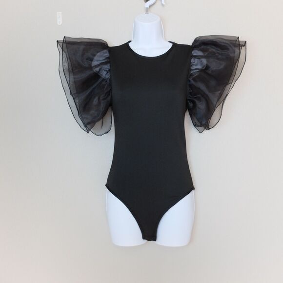 Black Sexy Flutter Sleeve Bodysuit Size Medium - Picture 1 of 12